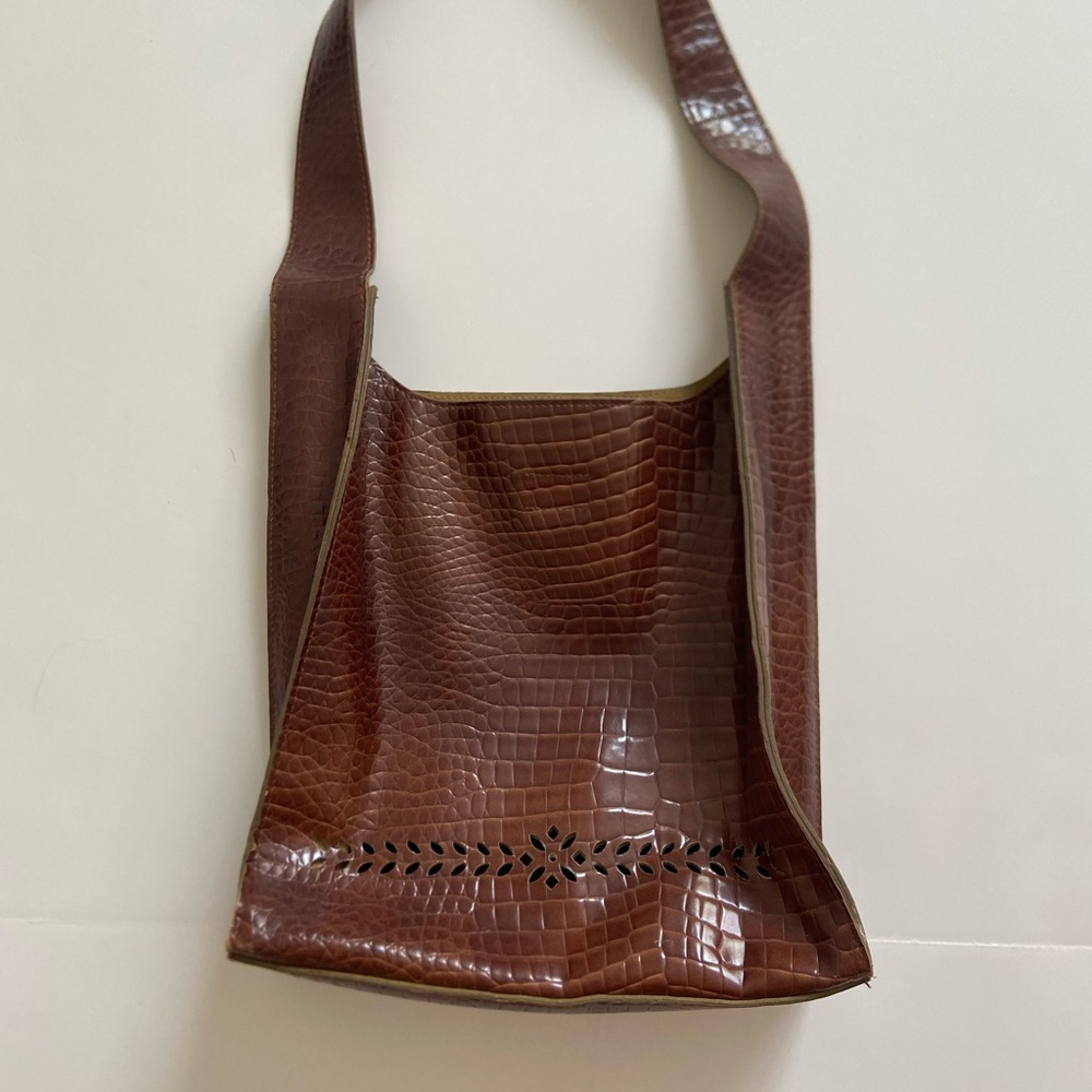 Brown Leather Shoulder Tote Bag with Unique Floral Detailing Cutouts